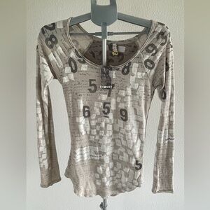 Free People Beige Graphic Long Sleeve Top